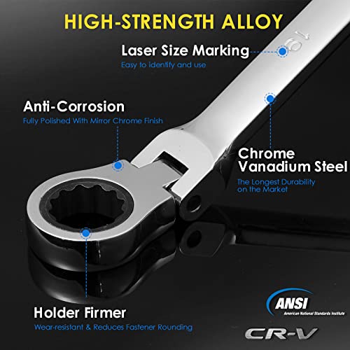 YIYEIE 6 Pcs Extra Long Flex Head Ratcheting Wrench Set, Metric Long Wrench 8mm - 19mm, 72-Tooth Double Box End Wrenches, Chrome Vanadium Steel with Mirror Polish Finish, Rolling Pouch - size: Extra Long Set Metric