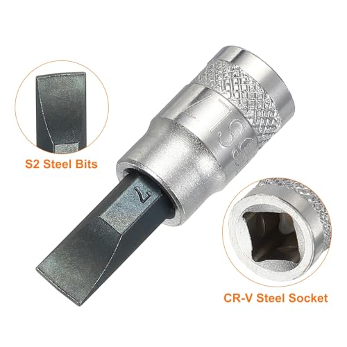 HARFINGTON 2Pcs Slotted Bit Socket 1/4" Drive SL7 S2 Steel Flat Head Screwdriver Drill Bits CR-V Steel Socket Adapter for Home Auto Axle Hex Nuts Bolts Repair - size: 1/4" Drive SL7
