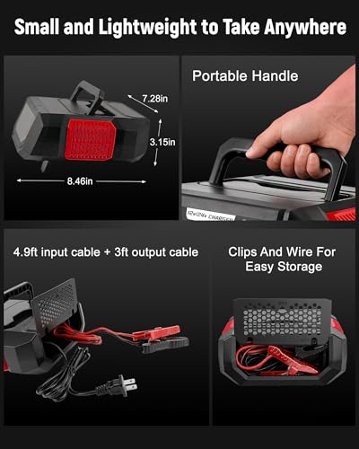 1-20A Smart Battery Charger, 12V/24V Automatic Automotive Battery Maintainer & Desulfator with Temperature Compensation, Adjustable Amp Trickle Charger for Lead-Acid, AGM, Gel, LiFePO4 - color: Red