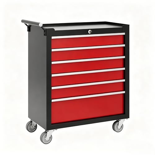 Garvee Rolling Tool Chest, 6 Drawers Tool Storage Cabinet, Toolbox with Wheels, Portable Tool Cabinet Organizer with Locking System & Drawer Liners, Tool Storage Cart for Garage, Workshop, Black＆Red - color: Black＆red, size: 6 Drawers