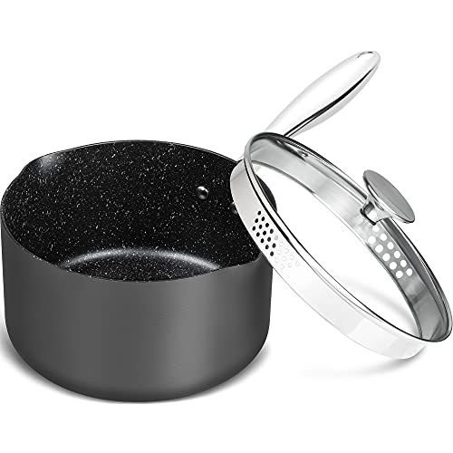 MICHELANGELO 3 Quart Saucepan with Lid, Hard Anodized Nonstick Sauce Pan with Strainer Lid & Pour Spouts for Easy Pour, Granite Derived Coating Sauce Pan for Cooking, Small Pot - 3 Qt Saucepan - size: 3 Quarts