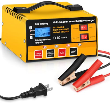 Car Battery Charger,12V-12A/24V-8.5AMH Smart Automatic Battery Charger,High/Low Power Trickle Charger Battery Maintainer and Desulfator,for Motorcycle Lawn Mower Marine Lead Acid Batteries - color: Yellow
