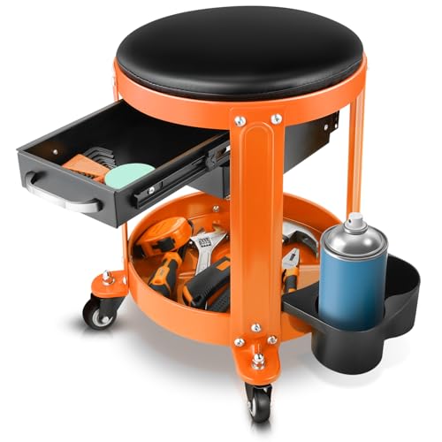 Auto Dynasty Round Mechanics Roller Seat, 300 LBS Capacity Rolling Creeper Garage Shop Seat with Drawers and Tool Tray, Mechanic Stool with Removable Padded Seat for Workshop Auto Repair, Orange - color: Orange
