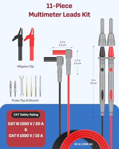 Vibit 11 Pcs Multimeter Leads Kit, Multimeter Test Leads with 6 Probe Tips, Alligator Clips & Mini Wrench, Insulated Meter Leads, Multimeter Probes for Electrical Testing & Automotive - size: 11 PCS(6 Probe Tips)