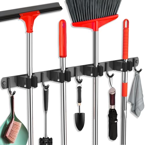 Mop and Broom Holder Wall Mount, Upgraded Broom Hanger Wall Mount, Stainless Steel Broom Organizer for Closet Garage Laundry Room Kitchen Wall Decor(4Racks 5Hooks Black) - color: Black, size: 4Racks 5Hooks