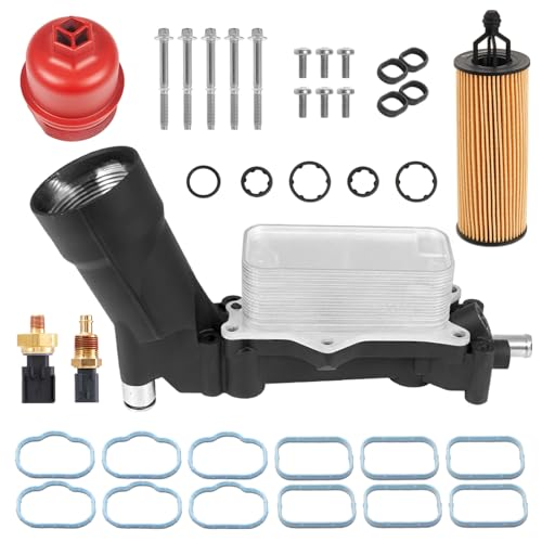 Upgrade Full Aluminum Engine Oil Cooler Filter Housing with Sensors and Gaskets Compatible with 2011-2016 Chrysler 200 300 Dodge Charger Challenger Journey Wrangler Ram ProMaster 3.2L 3.6L - color: Aluminum Red Cap, size: 2011-2016