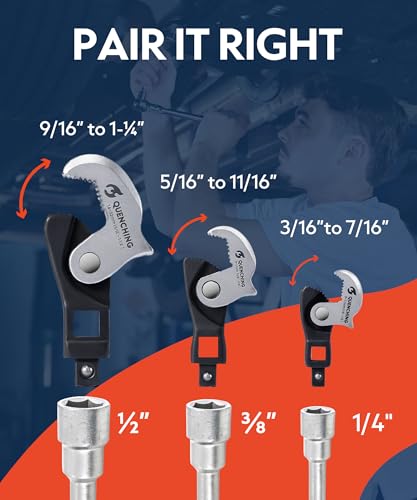 QUENCHING Crowfoot Wrench Set, Self-Adjusting 3-Piece Kit for Automotive Repair, Fits 1/4", 3/8", 1/2" Drives, 5–32mm Range, Spring-Loaded Grip for Tight Access Bolts, Fuel Lines & Brake Line Work - size: 3-Piece Set