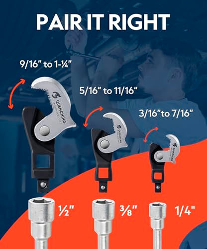 QUENCHING Crowfoot Wrench Set, Self-Adjusting 3-Piece Kit for Automotive Repair, Fits 1/4", 3/8", 1/2" Drives, 5–32mm Range, Spring-Loaded Grip for Tight Access Bolts, Fuel Lines & Brake Line Work - size: 3-Piece Set