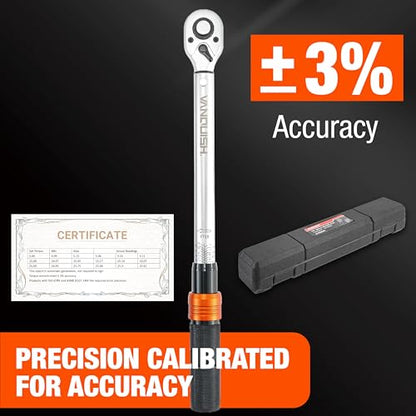 Vanquish 1/4-inch Drive Torque Wrench with 4" Extension Bar and 1/4" to 3/8" Adapter, 72-tooth, 40-220 IN.LB/4.5-24.8 Nm, ±3% High Precision, 1601AM - size: 1/4-inch Drive