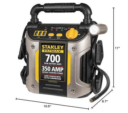 Stanley J7CS 700 Peak Amp Automotive Jump Starter, Portable Power – Triple 15W USB Ports, 120 PSI Air Compressor - size: 700 Amps