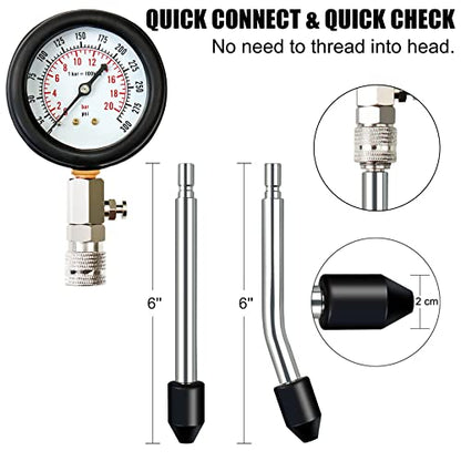 JIFETOR Engine Compression Tester 8PC Kit Cylinder Test Pressure Gauge Tool | 10 12 14 18mm Extension Rods & Tapered Adapters Testing Small Gasoline Engine Automotive Motorcycle Outboard Motor Snowmobile