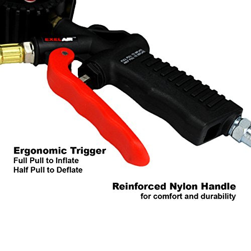 EXELAIR Digital Pistol Grip Tire Inflator Gauge EX0500D, Easy Clip Air Chuck, Easy to Read 0.1 Display, Pistol Grip Handle, 100 PSI Max Pressure, 16" Air Hose, 1/4" NPT (PSI, kPa, Bar, and kg/cm2)
