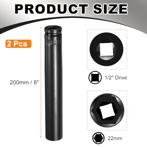 HARFINGTON 3pcs 6-Point Deep Impact Socket 1/2" Drive 22mm Metric Socket 8" (200mm) Extra Long Heat-Treated 45# Steel for Home Auto Spindle Axle Hex Nuts Bolts Repair, Black - size: 22mm + 8" Long