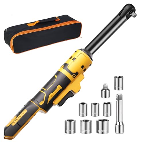 3/8" Cordless Ratchet Wrench Compatible with Dewalt 20V MAX Batteries(No Battery) 6.3-inch Extended Power Electric Ratchet Wrench With Led&Tool Bag,9 Sockets,Adapters & 3 Inch Extension Bar - color: Black