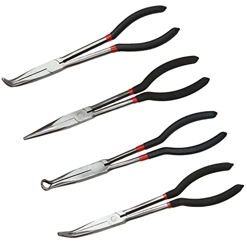 4 Pack Needle Nose Pliers Set, 11 inch Long Reach Plier, Straight Needle Noses Plier, 45 & 90 Degree Angle Curved Needle Nose Pliers,Spark Plug Removal Tool