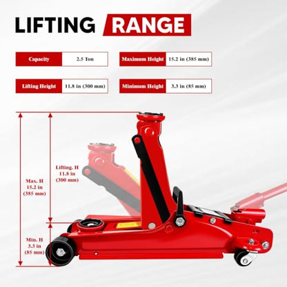Floor Jack 2.5 Ton, 5500 lbs Capacity Low Profile Floor Jack with Single Piston Pump, Heavy Duty Steel Hydraulic Jack with Lifting Range 3.4'' to 15.2'' for Car, Sedans, Pickups, MPVs
