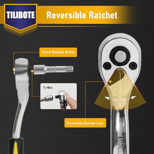 TILIBOTE Socket Wrench Set, 62PCS 1/4" Ratcheting Wrench Set With 72 Tooth count Ratchet, SAE & Metric From 5/32" - 9/16 ", 4mm - 14mm,tool Set For home And car,motorcycle,bike Repair