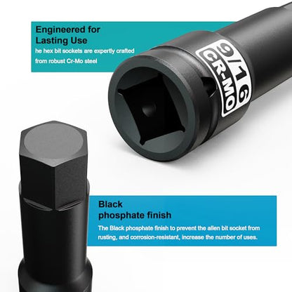 1/2" Drive H9/16-Inch Impact Hex Bit Socket, SAE Allen Bit Socket, Cr-Mo Steel, Removing Loosening Hexagon Bolts - size: 1/2" H9/16 Deep