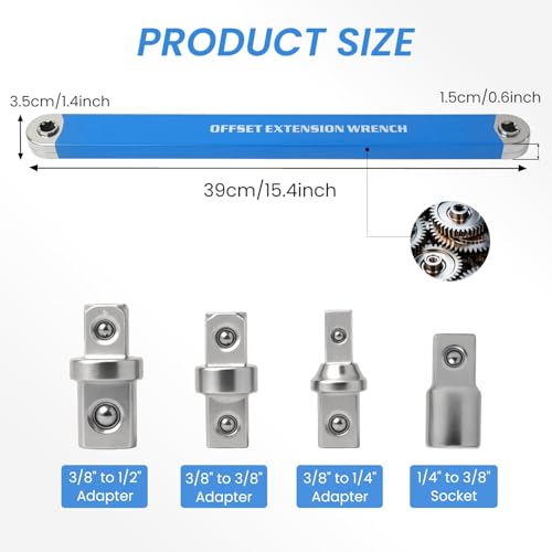 Offset Extension Wrench, Zero Degree Ratchet Extension Set Impact Ready Socket Wrench Extender Tool with 1/2", 1/4", 3/8" Drive Adapters and 1/4" Socket for Tight Place (Blue) - color: Blue