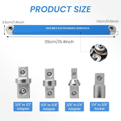 Offset Extension Wrench, Zero Degree Ratchet Extension Set Impact Ready Socket Wrench Extender Tool with 1/2", 1/4", 3/8" Drive Adapters and 1/4" Socket for Tight Place (Blue) - color: Blue