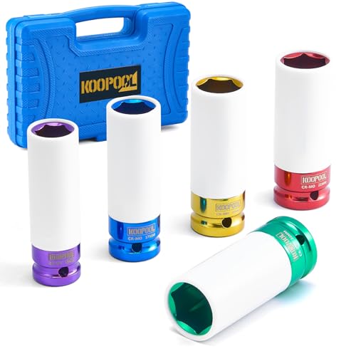 KOOPOOL 1/2" 5-Pc Lug Nut Socket Set 15-22mm Thin Wall w/Sleeve | 5-pc metric 15-22mm lug nut socket set. Non-scratch nylon sleeve. Cr-Mo steel, color electroplate. Thin wall, color-coded - color: Blue