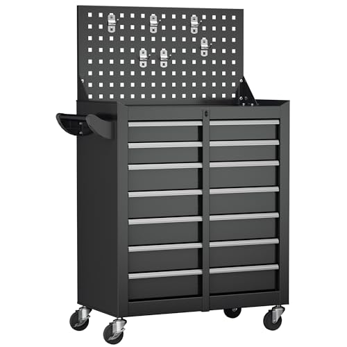Greenvelly Tool Chest, 7-Drawer Rolling Tool Chest with Hooks and Lockable Wheels,Tool Cabinet with Pegboard and Handle for for Garage,Workshop,Art Studio(Black) - color: Black, size: 7 Drawers