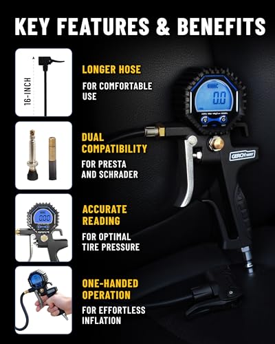 Presta Valve Adaptor with Pressure Gauge and Inflator for Air Compressor | 3-200 PSI, ±1% Accuracy, Longer Hose, Digital, Schrader to Presta Valve Air Chuck