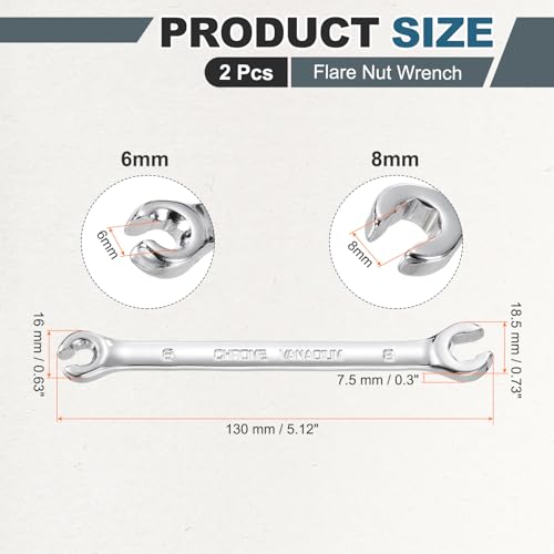 HARFINGTON 2 Pcs Flare Nut Wrench 6mm x 8mm Metric Double Open End Thick Spanner Mirror Polish Finish 45# Steel Brake Line Wrench For Fuel Tube Hose Transmission Line, Silver - size: 6mm x 8mm