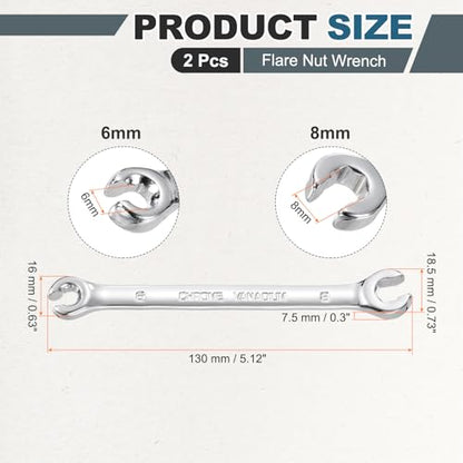 HARFINGTON 2 Pcs Flare Nut Wrench 6mm x 8mm Metric Double Open End Thick Spanner Mirror Polish Finish 45# Steel Brake Line Wrench For Fuel Tube Hose Transmission Line, Silver - size: 6mm x 8mm