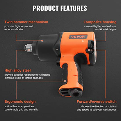 VEVOR Air Impact Wrench, 3/4-Inch Drive Air Impact Gun, Up to 1870ft-lbs Nut-busting Torque, Composite Pneumatic Impact Wrench for Auto Repairs and Maintenance Heavy Duty - size: 3/4-Inch/1870ft-lbs