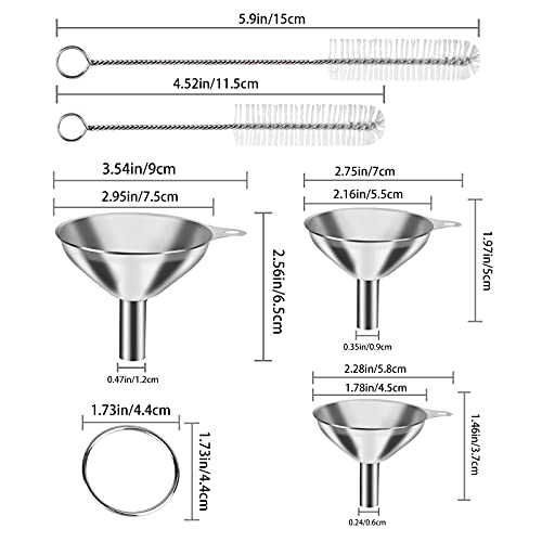 6 Pcs Stainless Steel Mini Funnels for Kitchen use. Large Tiny Small Funnel Set of 3, Metal Cooking Powder Food Grade Flask Funnels for Filling Bottles Liquor Water Spice, 2Pcs Cleaning Brushes VOPTON