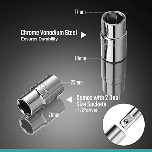 DURATECH Telescoping Lug Wrench | 17/19mm and 21/23mm Sockets, Wheel Wrench, Organizer Pouch Included