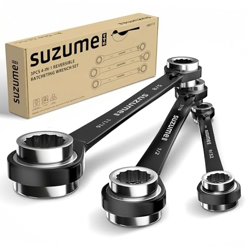 SUZUME 4 in 1 Reversible Double Box End Ratcheting Wrench set 3PCS SAE | 5/16,1/4,9/32,11/32 & 7/16,3/8,1/2,5/8 & 5/8,9/16,11/16,3/4-inch CR-V Steel for Cars Trucks SUVs and Vans Moto Bike Repair - size: SAE