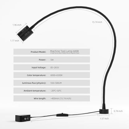 Led Magnetic Work Light 400mm Flexible Gooseneck lamp 500 Lumens 120 Volt for Sewing Machine Lathe Milling Drill Press Industrial Lighting