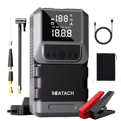 Jump Starter with Air Compressor, 6000A 150PSI Car Battery Jump Starter (10.0 Gas/8.0L Diesel) Battery Jumper Starter Portable 12V Jump Box with Jumper Cables, LED Light, LED Display - color: black