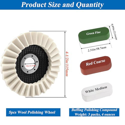 8 Pcs Wool Polishing Wheel Kit, 4-1/2"x 7/8" Felt Buffing Wheels with Felt Flap Disc and Polishing Compound, Universal for Angle Grinder, Multi-Surface Polishing for Metal, Automotive, Wood - style: 4.5inch -8 Pcs