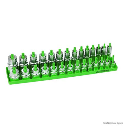 OEMTOOLS 22206 1/2" SAE Socket Tray Organizer, 28 Posts, 14 Sizes, Green Finish | Dual Rail System Socket Holder, Socket Tray with Labeled Posts, Holds 3/8" to 1-1/4", Socket Organizer for Tool Box Drawer - size: 1/2" SAE