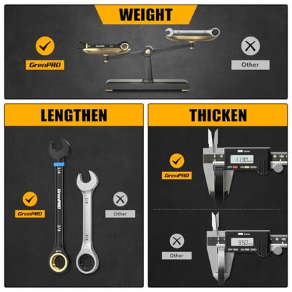 GRENPRO Ratchet Wrenches Set, Ratcheting Wrench Set With Roll Up Pouch, 11PC SAE Large Small 9/32 To 3/4 Long Open End Socket Wrench Organizer With Color Ring & Gauge, Big Combination Wrench Tool Sets - style: 11PC SAE Ratchet Wrenches Set With Color Ring