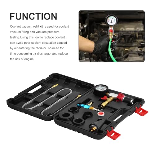 8PCS Coolant Vacuum Refill Kit, Quick Airlift Coolant Refill Tool with Pressure Gauge, 5 Sizes Adapters, Long Coolant Filling Hose for All Vehicles