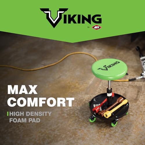 AFF Viking Rolling Shop Stool - Garage Stool on Wheels for Mechanics - Ergonomic Padded Seat - Tool Organizer Tray - 300 lbs Capacity (Multiple Styles) - style: Garage Roller Seat