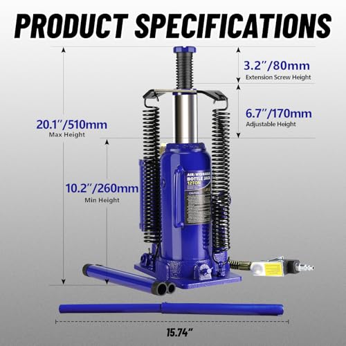20 Ton Air Hydraulic Bottle Jack with Air-Powered or Manual Operation, One-Piece Hydraulic Cylinder Design, Air Bottle Jack with Carry Handle for Pickup Trucks, Commercial Vehicles, and Farm Equipment - color: Blue