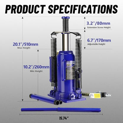 20 Ton Air Hydraulic Bottle Jack with Air-Powered or Manual Operation, One-Piece Hydraulic Cylinder Design, Air Bottle Jack with Carry Handle for Pickup Trucks, Commercial Vehicles, and Farm Equipment - color: Blue