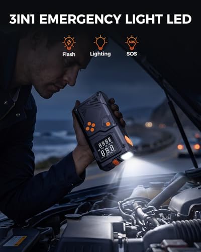 Jump Starter with Air Compressor, 12V Portable Car Battery Jumper Starter with 150PSI Tire Inflator, Emergency Power Bank for 8.5L Gas and 6.5L Diesel Engines