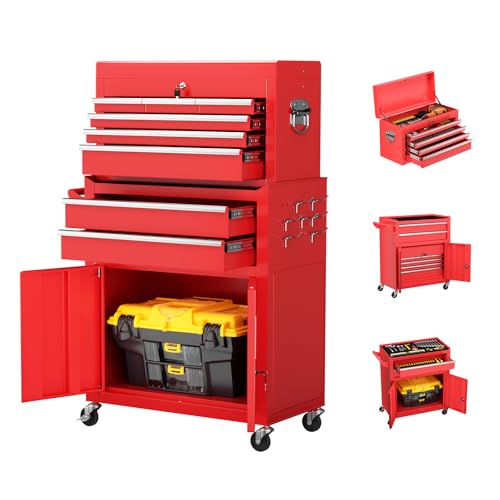 8-Drawer Rolling Tool Chest with Lock, Detachable Tool Cabinet Cart with Wheels, High-Capacity Mechanic Tool Storage for Garage Workshop Warehouse (Red) - color: Red