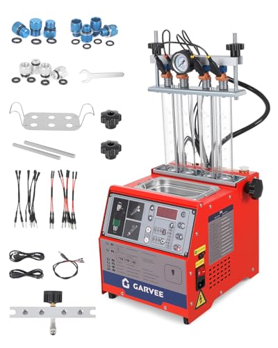 Garvee Fuel Injector Cleaner Tester 4-Cylinder 11 Test Modes 12V, Ultrasonic Injection Cleaning Machine with Adjustable Pressure (0-10 bar) & Pulse Width (0.1-25ms), Resistance Test, Digital Display - size: 4-Cylinder Model， 1-in-1