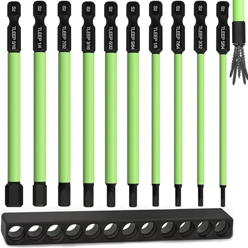 SAE 4" Long 10 Pcs 1/4" Hex Head Allen Wrench Drill Bits, 5/64" to 5/16" Hex Key Drill Bit Set Magnetic Tips Screwdriver Socket Bit Set for Ikea Type Furniture(S2 Steel), New Version, 100MM - style: Set 1: 5/16" to 5/64", 100MM Green