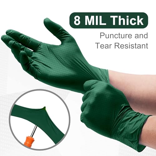 WECARE 8 Mil Nitrile Gloves - Heavy Duty Mechanic Gloves, with Diamond Grip - Powder and Latex Free Disposable Gloves - color: Green, size: XX-Large