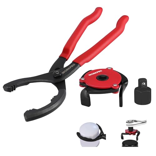 WORKPRO 2-Piece Oil Filter Wrench Set, 12” Adjustable Oil Filter Plier & 3-Jaw Universal Oil Filter Removal Tool, for Easy Oil Changes, Ideal for Car, Motorcycle, Truck Maintenance & Home Garage Use - color: Red