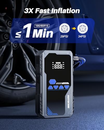 AUTOONE 6000A Jump Starter with Air Compressor (All Gas/10L Diesel), 150PSI Car Jumper Starter Portable, Jump Box Tire Inflator with LED Flashlight, LCD Display, Storage Case - size: With Inflator 6000A
