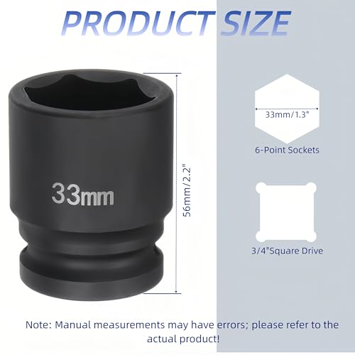 3/4"Drive x 33mm Metric, 6-Point Deep Impact Socket, Axle Nut Impact Socket | 40CR Alloy Steel,Clear labeling, Common Tools for Car Repair/Mechanical Work/Construction/Carpentry and Home Maintenance - size: 33mm